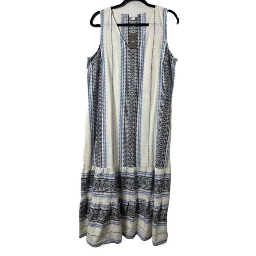 J Jill Size Petite Large White Blue Sleeveless V-Neck Aztec Printed Ruffle Dress